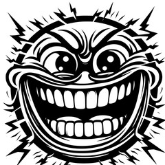 A crazy and funny smiley face in black and white, perfect for emotional expression illustrations, cartoons, humorous designs, and versatile creative projects