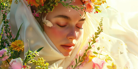 A priestess, adorned with flowers, performs a ritual of fertility and abundance