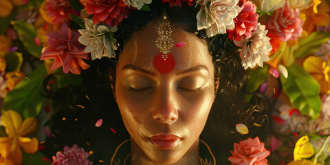 A Mystical Priestess Embellished with Floral Crowns Performs an Enchanting Ritual of Fertility and Prosperity