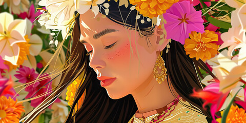 A Mystical Priestess Embellished with Floral Crowns Performs an Enchanting Ritual of Fertility and Prosperity
