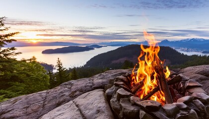 warm camp fire on top of a mountain with beautiful canadian nature landscape in background during a colorful sunset taken on bowen island near vancouver british columbia canada