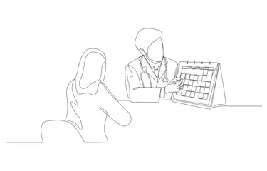 Continuous one line drawing of doctor making next appointment with patient, medical service concept, single line art.
