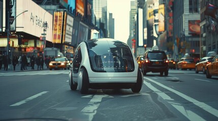 Fototapeta premium A sleek autonomous vehicle navigating a busy city street,