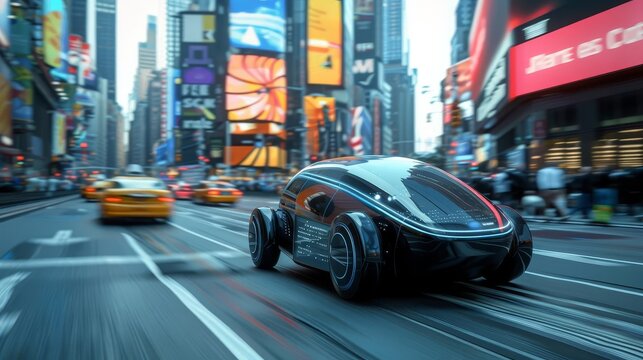A sleek autonomous vehicle navigating a busy city street,