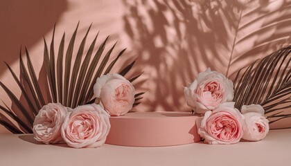 3d podium display pastel pink background with rose flowers peonies flower and palm leaf shadow minimal pedestal for beauty cosmetic product peach fuzz is color trend of the year 2024