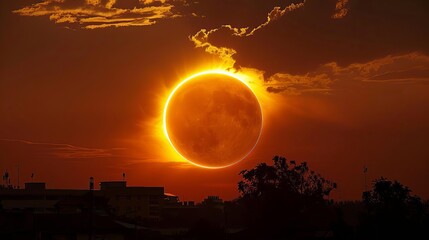 A solar eclipse creating a ring of fire, or annular eclipse, visible in the sky,