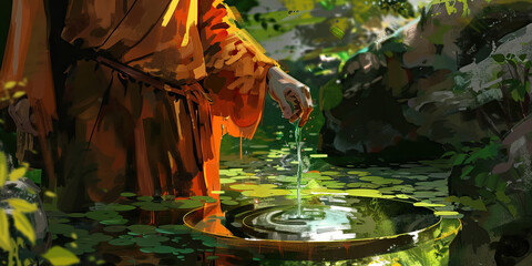 A Druid, in flowing robes, communing with a sacred spring
