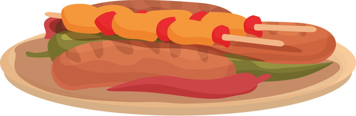 Illustration of two grilled hot dogs with mustard and ketchup on a plate, ready to serve