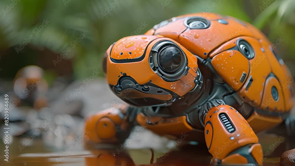 Aufkleber this orange robot seated in a pool of water. robotic turtle near the river