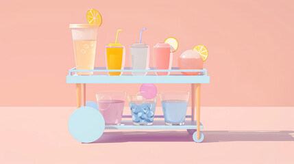 Bubble tea bar trolley flat design, side view, modern theme, animation, triadic color scheme