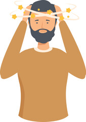 Flat design illustration of a man with stars circling above his head, signifying dizziness