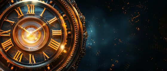 Close-up of an intricate, vintage clock with glowing Roman numerals against a dark, starry background. Captures the essence of time and elegance.