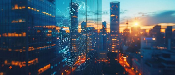 Futuristic cityscape at sunset with illuminated skyscrapers, blending digital elements and real architecture for a striking visual effect.