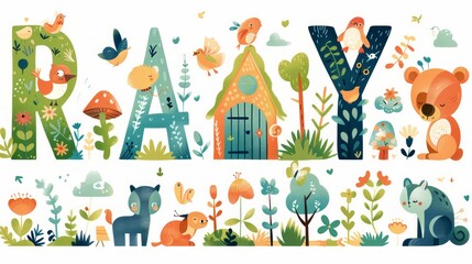 Naklejka premium Vector alphabet set with each letter accompanied by a cute and whimsical illustration, ideal for kids' educational posters.