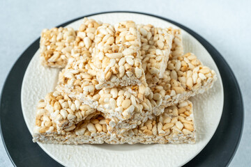 Sweet puffed rice. Food dessert crispy cracker with sugar.