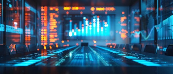 Futuristic control room with high-tech digital screens, data analysis, and illuminated graphs, representing advanced technology and innovation.