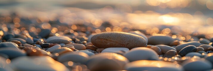 Warm sunset light bathes a pebbled beach highlighting textures and creating a golden glow.