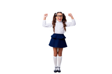 Full body size length of funny cute cheerful lovely stylish small little girl with curly pigtails in white formal blouse shirt, short blue skirt, raising hands up. Isolated over grey background