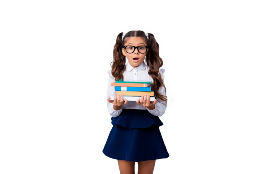 Funny cute cheerful lovely stylish small little girl with curly pigtails in white formal blouse shirt, short blue skirt, holding book pile. Isolated over grey background