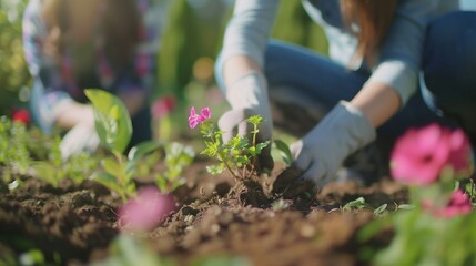 Gardening Enthusiast Planting Pink Flowers in Vibrant Spring Garden During Sunny Day With Greenery and Blooms in Background