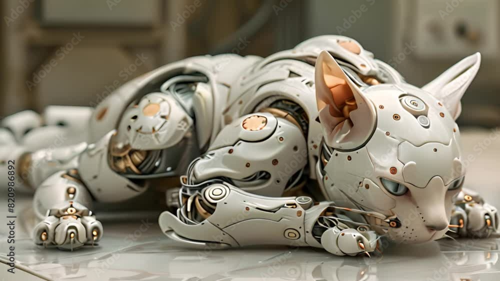 Fototapete this white robot cat resting on the floor. white robot cat laying on floor