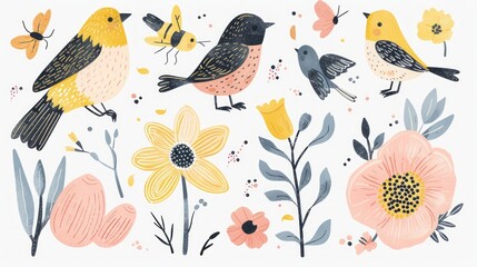 Delightful spring collection with hand-drawn bees, birds, and flowers, perfect for Easter and spring-themed projects.