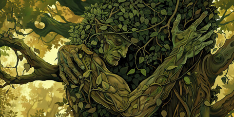The Green Man's Embrace - The Green Man, his body covered in leaves and vines, tenderly touches the trees around him, their limbs entwining as one, their bond eternal