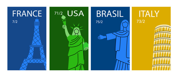 Travel destinations Paris and New York posters set with famous outside elements.