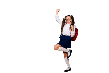 Full size body length of glad smart cute stylish small little girl with curly ponytails in white blouse shirt and blue skirt with red bag, celebrating. Isolated over black background