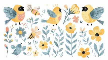 Naklejka premium Delightful spring collection with hand-drawn bees, birds, and flowers, perfect for Easter and spring-themed projects.