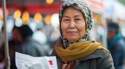 Elderly woman with headscarf and coat is smiling at outdoor market during the day. background features colorful market stalls and lights with blurred shoppers