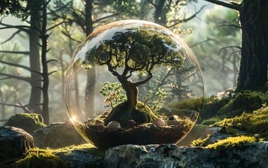 A glass dome in a forest setting with a tree sculpture inside, illuminated by natural light, copy space whimsical silhouette against a backdrop of forest mist