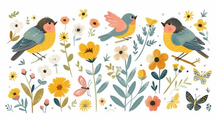 Delightful spring collection with hand-drawn bees, birds, and flowers, perfect for Easter and spring-themed projects.