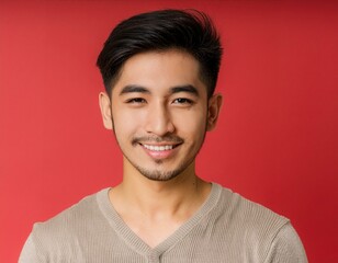 A men with 25 years old looking at the camera with excited facial expression in front of the red background