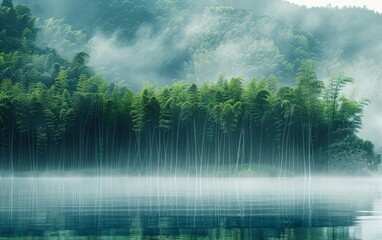 Arashiyama bamboo forest in the early morning with mist, dull focus and multilayer imaging...