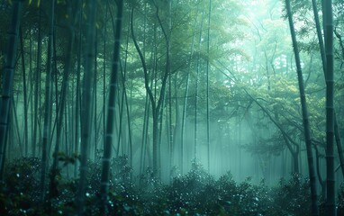 Obraz premium Arashiyama bamboo forest in the early morning with mist, dull focus and multilayer imaging techniques