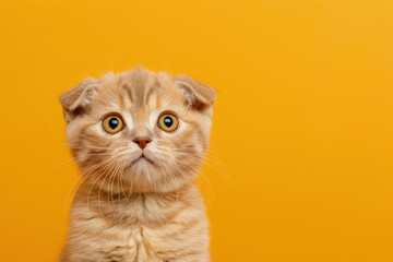 Scottish Fold cat with folded ears and round eyes on white background