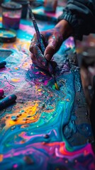 An artist's hand holds a paintbrush, poised above a canvas of vibrant, swirling colors
