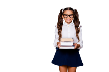 Glad positive glad nice smart cute small little girl with curly pigtails in white blouse shirt and blue short skirt, carrying big book pile. Isolated over black background