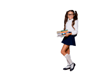 Glad positive nice smart cute small little girl with curly ponytails in white blouse shirt and blue short skirt, carrying, keeping, big book pile, copy-space. Isolated over black background
