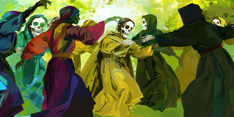 Fototapeta premium Circling Through Life and Eternal Slumber - In this captivating image, a pair of figures, one adorned in vivid attire and the other draped in a somber shroud