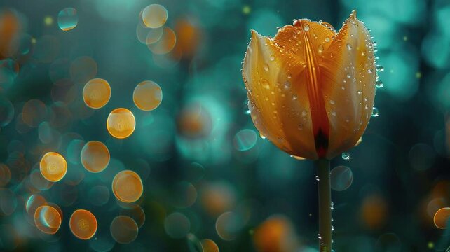 close up bokeh efect fresh golden tulip bud with splash dew in morning golden hours image video HD 4K a background for bio diversity day or tulip time