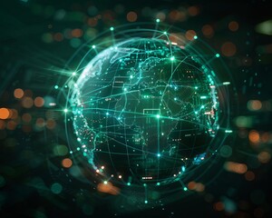 Fototapeta premium Cybernetic world globe with illuminated data paths across oceans, focus on ethereal manipulation highlighting international connectivity