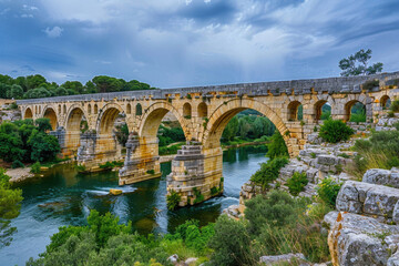 Fototapeta na wymiar The ancient Roman aqueduct, Pont du Gard, spanning the Gardon River in southern France