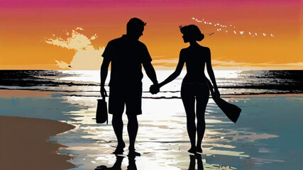 silhouette couple walking in beach holding hands