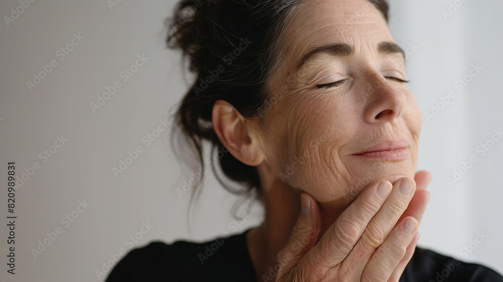 Wall mural a middle-aged woman with her eyes closed, touching the skin on one side of her face and smiling gent