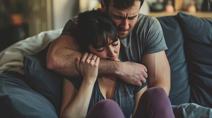 A man is sitting on the sofa, holding his wife's head in his arms and comforting her as she cries - Powered by Adobe