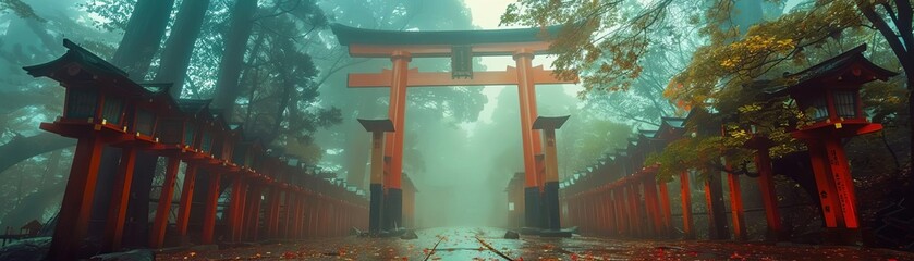 Fushimi Inari Park on a foggy morning, focus on dynamic image and nature background
