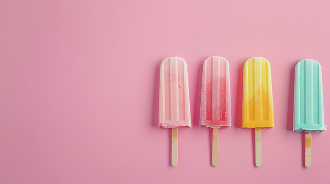 a Multicolor popsicle on a blank pink background