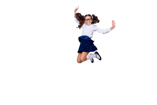 Full length, legs, body, size portrait of beautiful, pretty, charming, carefree, careless small girl in black low shoe jumping isolated on light gray background raised hand up